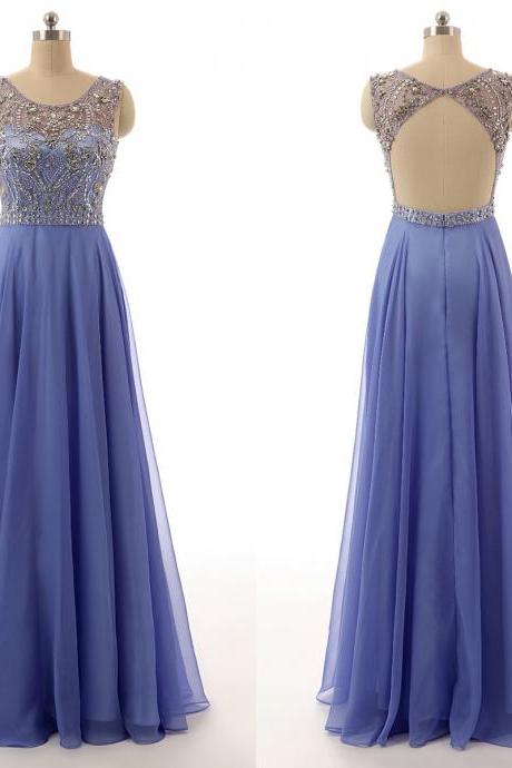 Classy Open Back Prom Dresses with Soft Pleats, Sleeveless Beaded Chiffon Prom Dresses, New Style Tulle Prom Dresses, #020102127
