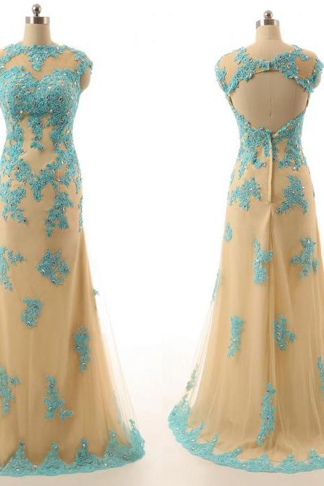 Open Back Prom Dresses with Lace Appliques, Cap Sleeve Tulle Prom Dresses, New High Neck Sheath Lace Prom Dresses, #020102125