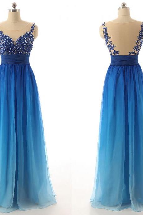 Blue Gradient Long Chiffon A-Line Prom Dress Featuring Lace Appliqués and Beaded Embellished Plunge V Illusion Bodice 