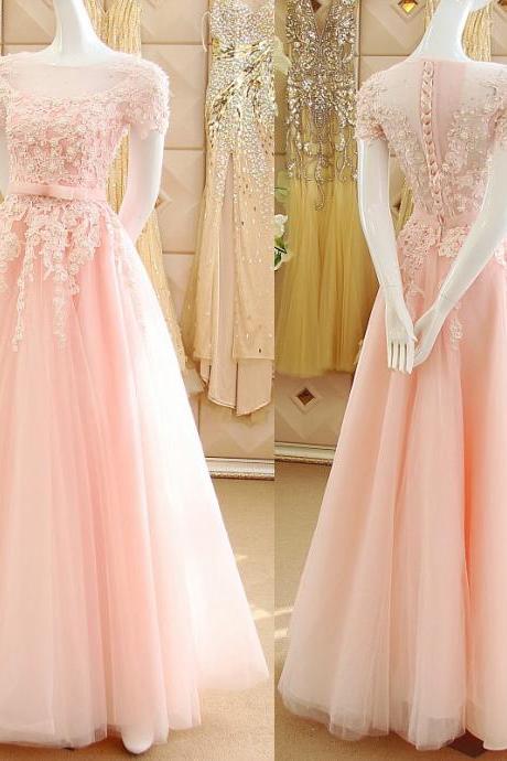 Pink Princess Prom Dresses with Lace Appliques, Illusion Prom Dress with Short Sleeves, See-through Tulle Prom Dresses, #020102120