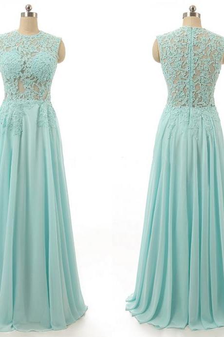 Sleeveless High Neck Prom Dress with Lace Appliques, Floor-length Chiffon Prom Dress, Elegant Sky Blue Prom Dress, #020102114