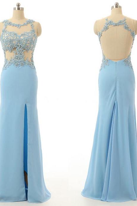 Light Sky Blue Open Back Prom Dresses, Sheath Chiffon Evening Dress with Lace Appliques, Illusion Beaded Prom Dress, #020102111
