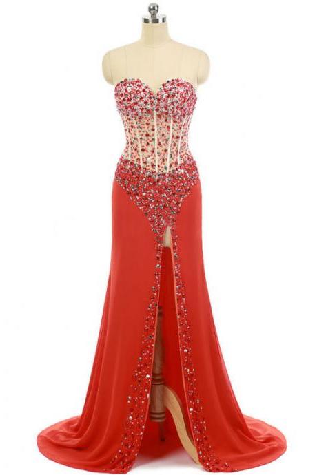 Beautiful Red Prom Dresses with Sparkle Beads, Sweetheart Sheath Prom Dresses with a Front Split, Sexy Chiffon Prom Dress, #020102109