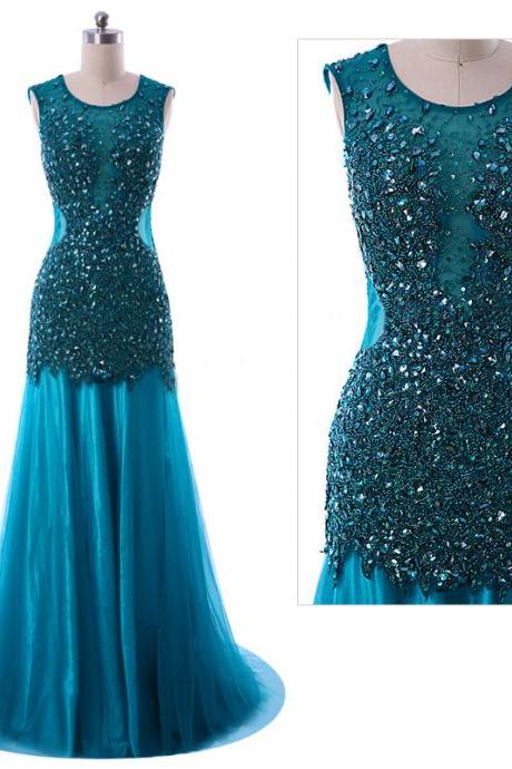 Backless Trumpet Prom Dresses, Blue Mermaid Tulle Prom Dresses, Luxurious Jewel Beaded Sleeveless Prom Dresses, #020102100