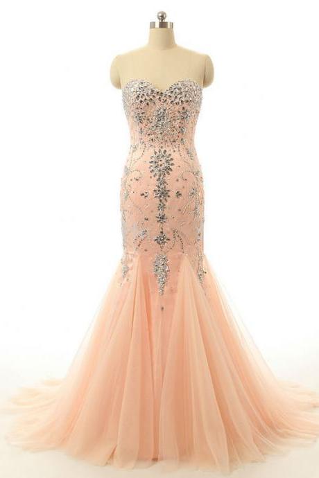 Pink Floor Length Beaded Embellished Tulle Trumpet Formal Dress Featuring Sweetheart Bodice and Court Train 