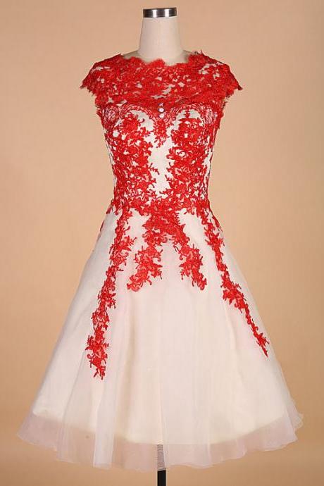 Elegant Scalloped Neck Prom Dresses, Cap Sleeve Tulle Prom Gowns with Lace Appliques, Red Knee-length Prom Dresses, #020102093