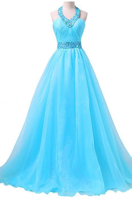 Fashionable Halter Prom Dress with Ruching Detail, Blue Chiffon Prom Gowns with Sweep Train, Beaded Prom Dresses, #020102079