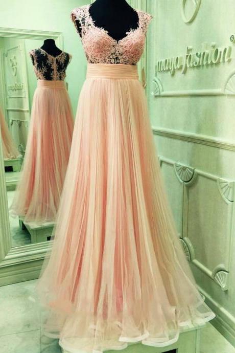 Pink Cap Sleeve Prom Dresses with Lace Appliques, V-neck See-through Prom Dress Online, Floor-length Tulle Prom Gowns, #020102061