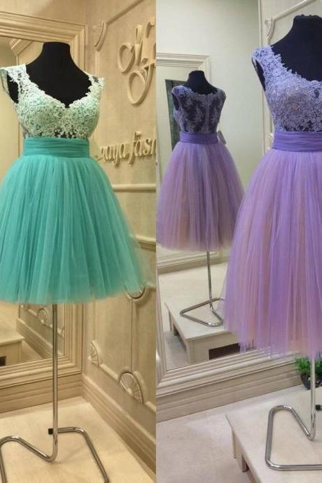 V-neck Cap Sleeve Prom Dresses with Lace Appliques, Beautiful Green Prom Gowns, Short Tulle Prom Dresses, #020102036