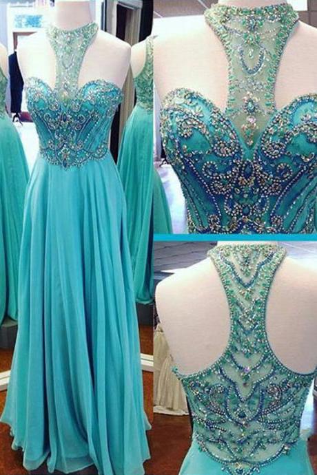 High Neck Beaded Prom Dresses, Floor-length Sweetheart Prom Gowns, Affordable Sleeveless Chiffon Prom Dresses, #020102035