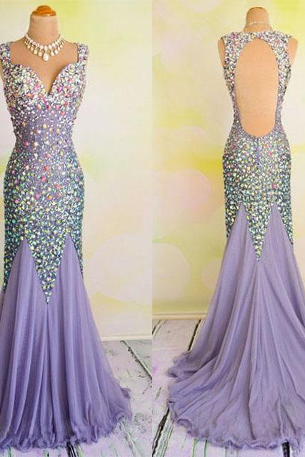 All over Beaded Prom Dresses, Mermaid V-neck Chiffon Bridesmaid Gowns with Sparkle Gemstones Beads, Open Back Long Prom Dresses, #020102031