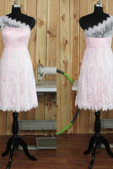 One Shoulder Lace Bridesmaid Dresses, Short Pink Bridesmaid Gowns, Knee-length Tulle Bridesmaid Dress 2016, #01012893