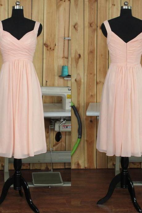 Short Pink Bridesmaid Dress with Soft Pleats, Modern V-neck Bridesmaid Gowns, Tea-length Chiffon Gowns for Bridesmaids, #01012892