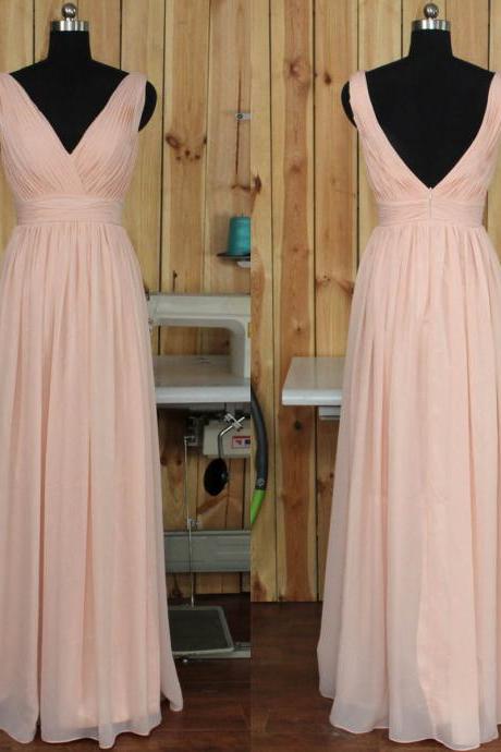 V-neck Bridesmaid Dress with Ruching Detail, Backless Chiffon Bridesmaid Gowns, Floor-length Pink Bridesmaid Dress, #01012891