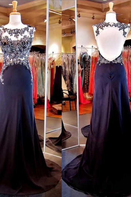 Cap Sleeve Illusion Lace Applique Fitted Prom Dress, Black Silk-like Satin Prom Dresses, Open Back Prom Dresses, #020101294
