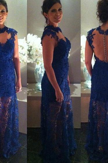 Cap Sleeve Royal Blue Prom Dress, Sleek high neck Lace Prom Dress, See-through Prom Dress with illusion skirt, #02016326