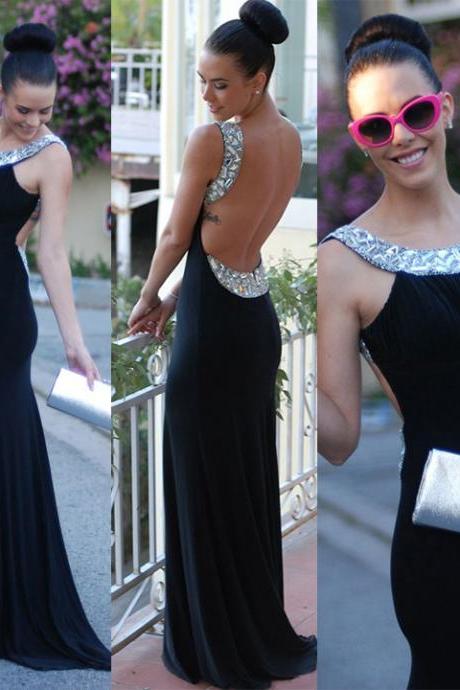 Sleeveless Prom Dress with Beaded Round Neck, Backless Black Prom Dress, Sexy Prom Dress with Sparkling Crystal Bead, #02016327