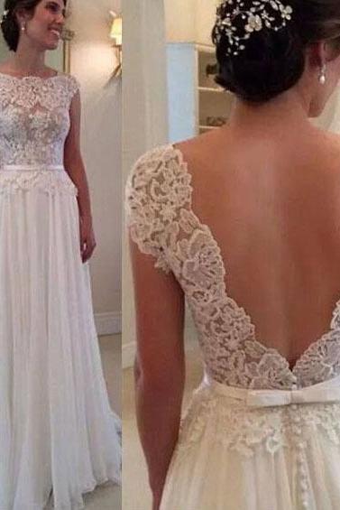 White Lace Prom Dress with Hot Low V-back, Floral Lace Long Prom Dress, Cap Sleeve Prom Dress with Slim Belt, #02016789