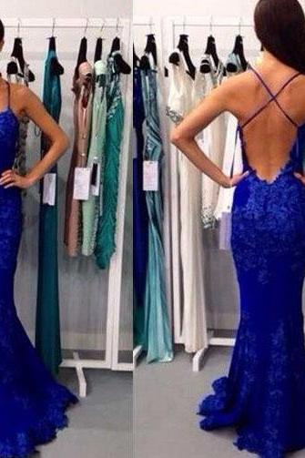 Royal Blue Lace Prom Dress with Crisscross Back, Sexy Mermaid Floral Lace Prom Dresses, Long Prom Dresses, #02016794