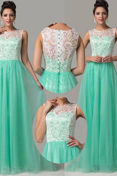 Aqua High Neck Prom Dress with White Lace Bodice, Sleeveless Prom Dresses with Covered Button, Elegant Tulle Prom Dress, #02016812