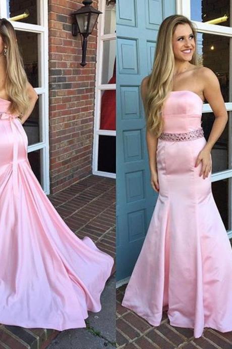 Pink Trumpet Prom Dress with Beaded Belt, Strapless Prom Dress with Low Back, New Style Evening Dress, #020102174