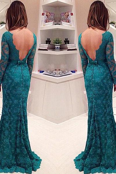 Long Sleeve Lace Prom Dress, Backless Mermaid Evening Gowns with Buttons, Illusion Prom Dress, #020102175