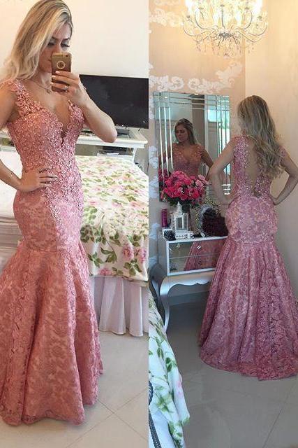 Gorgeous Pink Lace Prom Dresses, V-neck Mermaid Prom Dress, Mermaid Evening Dress with Beaded Lace Appliques, #020102205