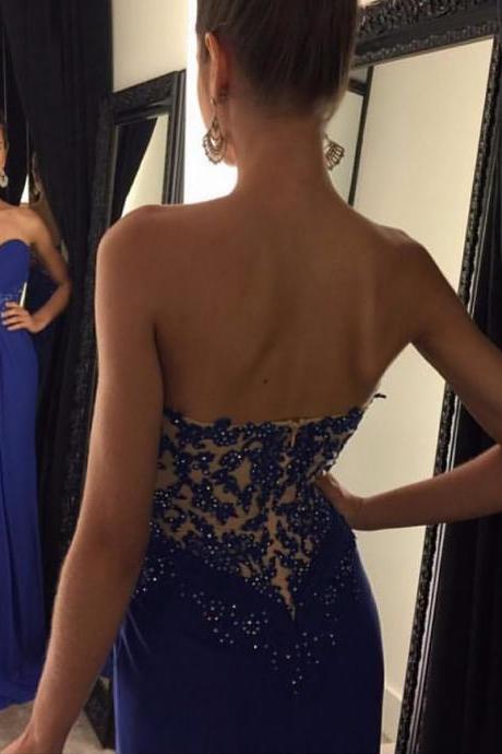 Sweetheart Blue Prom Dress with Soft Pleats, Long Prom Dresses with Lace Appliques, Beaded Chiffon Prom Dress, #020102192