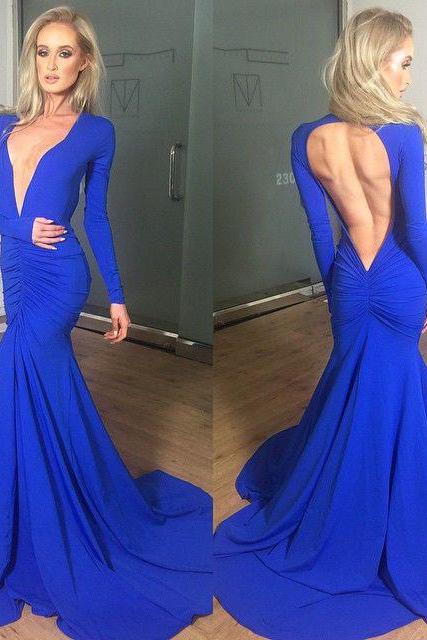 Trumpet Jersey Prom Dress with Court Train, Sexy Open Back Prom Dresses, Hot V-neck Long Sleeve Prom Dresses, #020102179