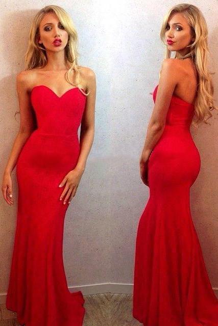 Red Sweetheart Prom Dresses, Simple Mermaid Prom Dress with Sweep Train, Silk-like Satin Evening Dress, #020102187