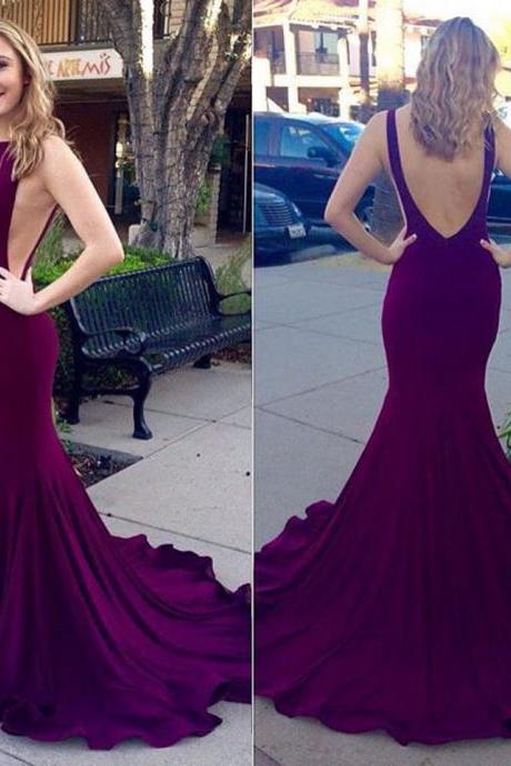 Unique Purple Prom Dress with Court Train, Sexy Backless Mermaid Prom Dresses, Sleeveless Silk-like Satin Gowns for Prom, #020102318