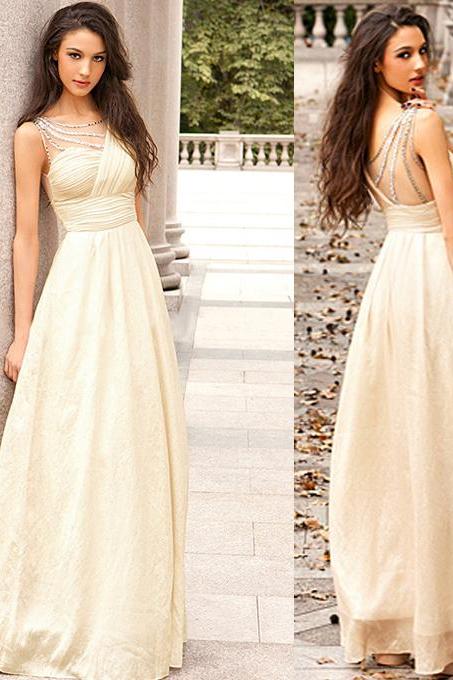 Empire Evening Dress with Ruching Detail, Beaded Prom Dress with Belt, Ivory Chiffon Floor-length Perfect Prom Dress, #020102326