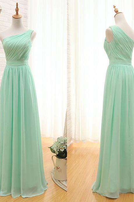 One Shoulder Bridesmaid Dresses Online, A-line Bridesmaid Dress with Ruching Detail, Mint Green Long Bridesmaid Gowns, #01012405