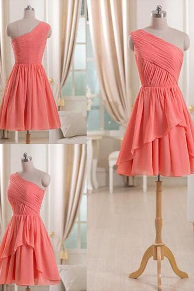 Watermelon Short Bridesmaid Dress with Ruching Detail, One shoulder Chiffon Bridesmaid Dress, Trendy Mini Bridesmaid Dress, #01012509