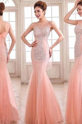 Sleeveless Fit and Flare Prom Dress, Beaded Blush Prom Dress with Tulle Bowtie, Trendy Open Back Prom Dresses, #02016892