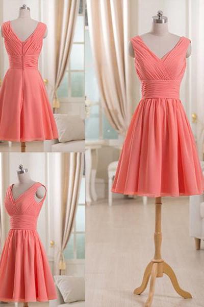 V-neck Watermelon Chiffon Bridesmaid Dress, Short Bridesmaid Dress with Ruching Detail, Wholesale Bridesmaid Dress, #01012511