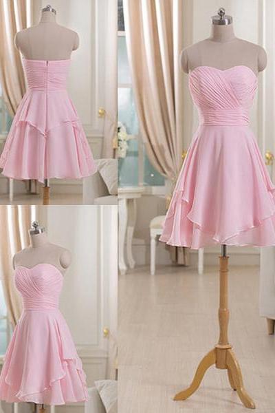 Sweetheart Short Bridesmaid Dress with Ruching Detail, Pink Chiffon Bridesmaid Dresses, Short Bridesmaid Dresses, #01012513