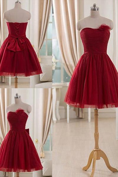 Trendy Burgundy Bridesmaid Dresses with Tulle Flowers, Short Bridesmaid Gowns, Strapless Bridesmaid Dresses, #01012514