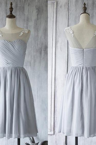 Illusion Short Bridesmaid Dress, Light Gray Bridesmaid Gown with Lace Appliques, Knee-length Chiffon Bridesmaid Dress, #01012560