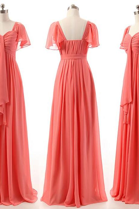 A-line Bridesmaid Dresses with Ruffles, Sweetheart Watermelon Bridesmaid Gowns, Chiffon Short Sleeve Bridesmaid Dress, #01012732