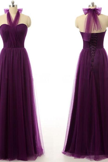 Dark Purple Bridesmaid Dresses with Soft Pleats, Beautiful Halter Bridesmaid Dresses, Long Tulle Bridesmaid Dresses, #01012737