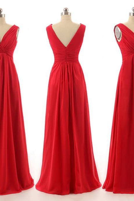 Beautiful Long Bridesmaid Dresses, Red Chiffon Bridesmaid Gown with Ruching Detail, Empire V-neck Bridesmaid Dresses, #01012800