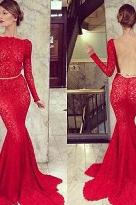 Lace Fit and Flare Halter Dress with Sweep Train, Backless Prom Dresses, Hot Red Lace Prom Dress, #02016939
