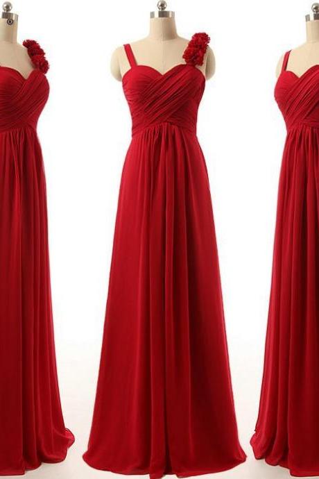 A-line Red Bridesmaid Dresses with Handmade Flowers, Wholesale Long Bridesmaid Gowns, Sweetheart Chiffon Dresses for Bridesmaid, #01012808