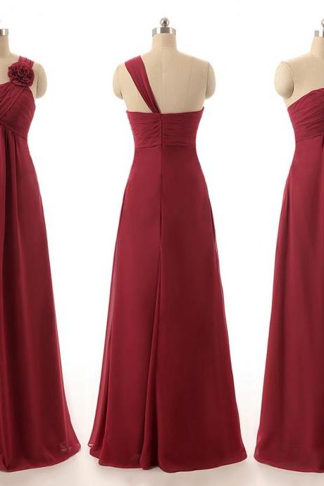Burgundy Bridesmaid Dresses with Handmade Flowers, Gorgeous Empire Bridesmaid Gowns, One Shoulder Chiffon Bridesmaid Dresses, #01012820