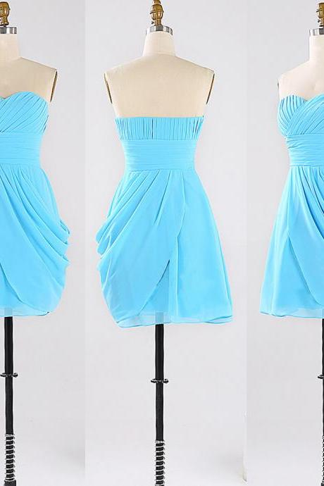 Light Blue Chiffon Bridesmaid Dresses with Ruching Detail, Cute Sweetheart Bridesmaid Gowns with Pleats, Short Bridesmaid Dresses, #01012864