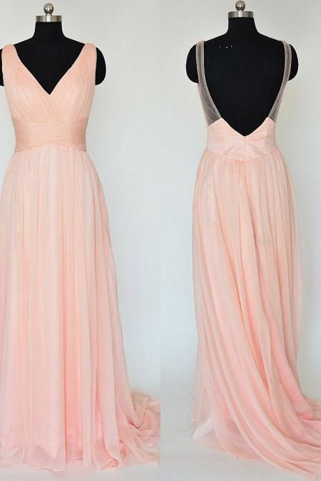 Pink Long Chiffon Bridesmaid Dresses, V-neck Bridesmaid Gowns, Sexy Backless Bridesmaid Dresses with Soft Pleats, #01012867