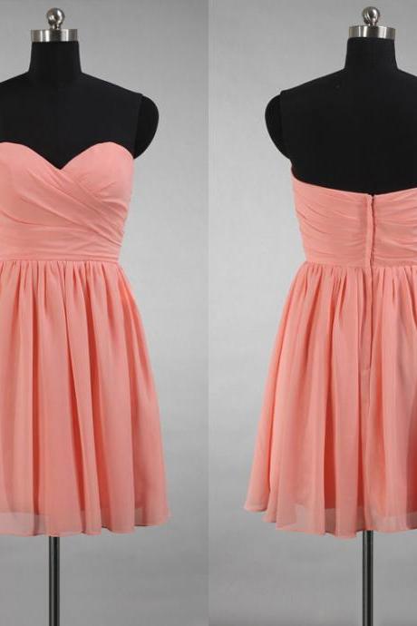 A-line Sweetheart Bridesmaid Dresses, Hot Pink Chiffon Bridesmaid Gowns, Short Bridesmaid Dresses with Soft Pleats, #01012871