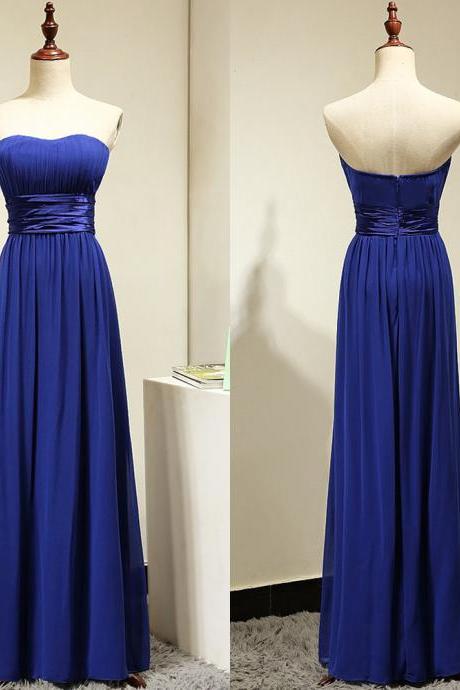A-line Strapless Bridesmaid Dresses with Ruching Detail, Royal Blue Chiffon Bridesmaid Dress with a Ribbon, Long Bridesmaid Gowns, #01012875