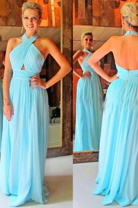 Halter Backless Prom Dresses, Light Sky Blue Chiffon Prom Dress with Ruching Detail, Long Cut-out Prom Dress, #020102063